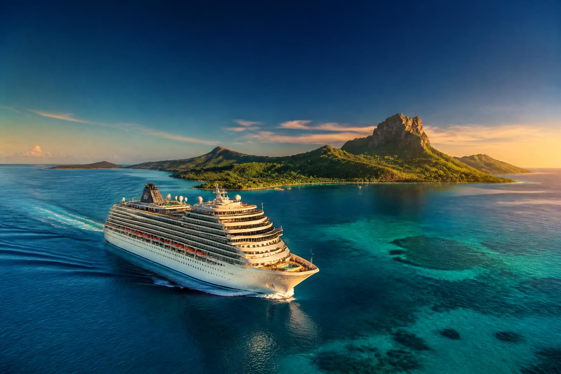 Cruise ship sailing past tropical islands at golden hour